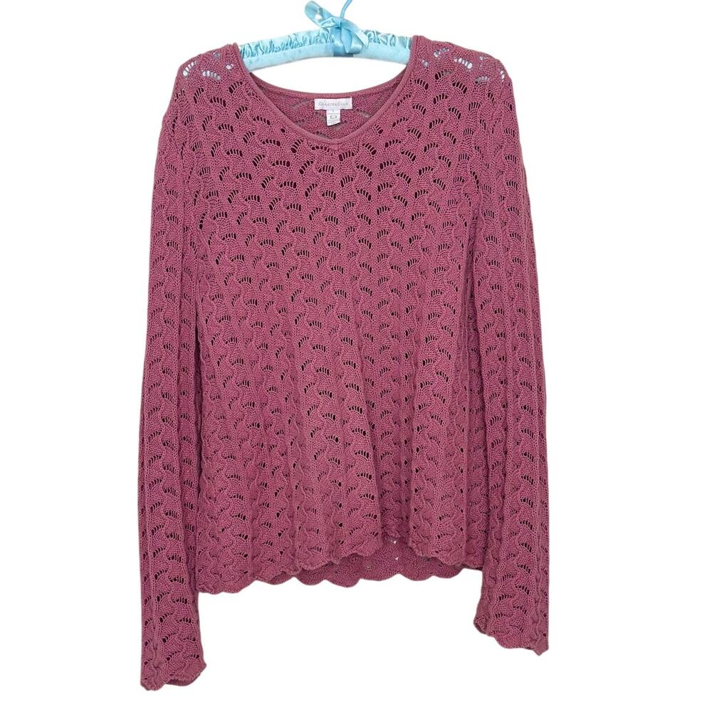 Charter Club Large 100% Cotton Pink Sweater Scallop Open Knit Crochet
